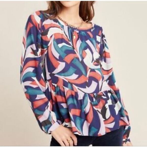 Anthropologie Maeve Bird Print Cheyenne Long Sleeve Blouse | Size XS - Picture 1 of 5
